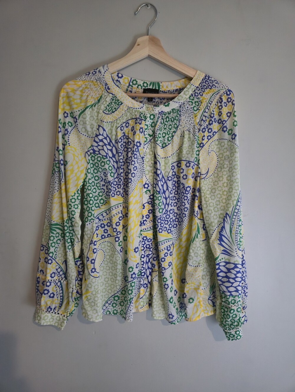 Talbots Large P 100% Cotton Floral Paisley Smocked Blouse Coastal Resort Top